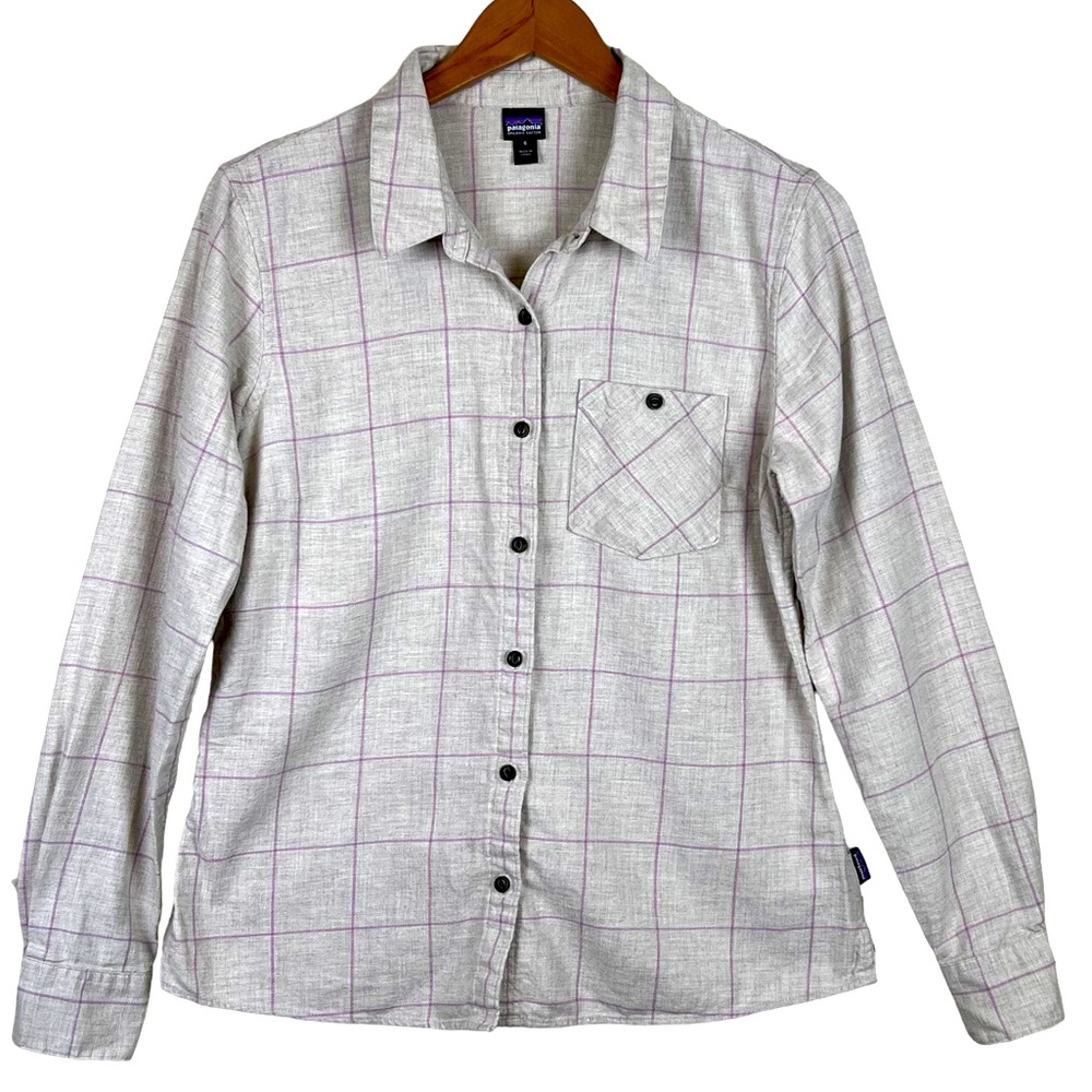 Patagonia White Button-Down Shirt with Purple Windowpane Plaid